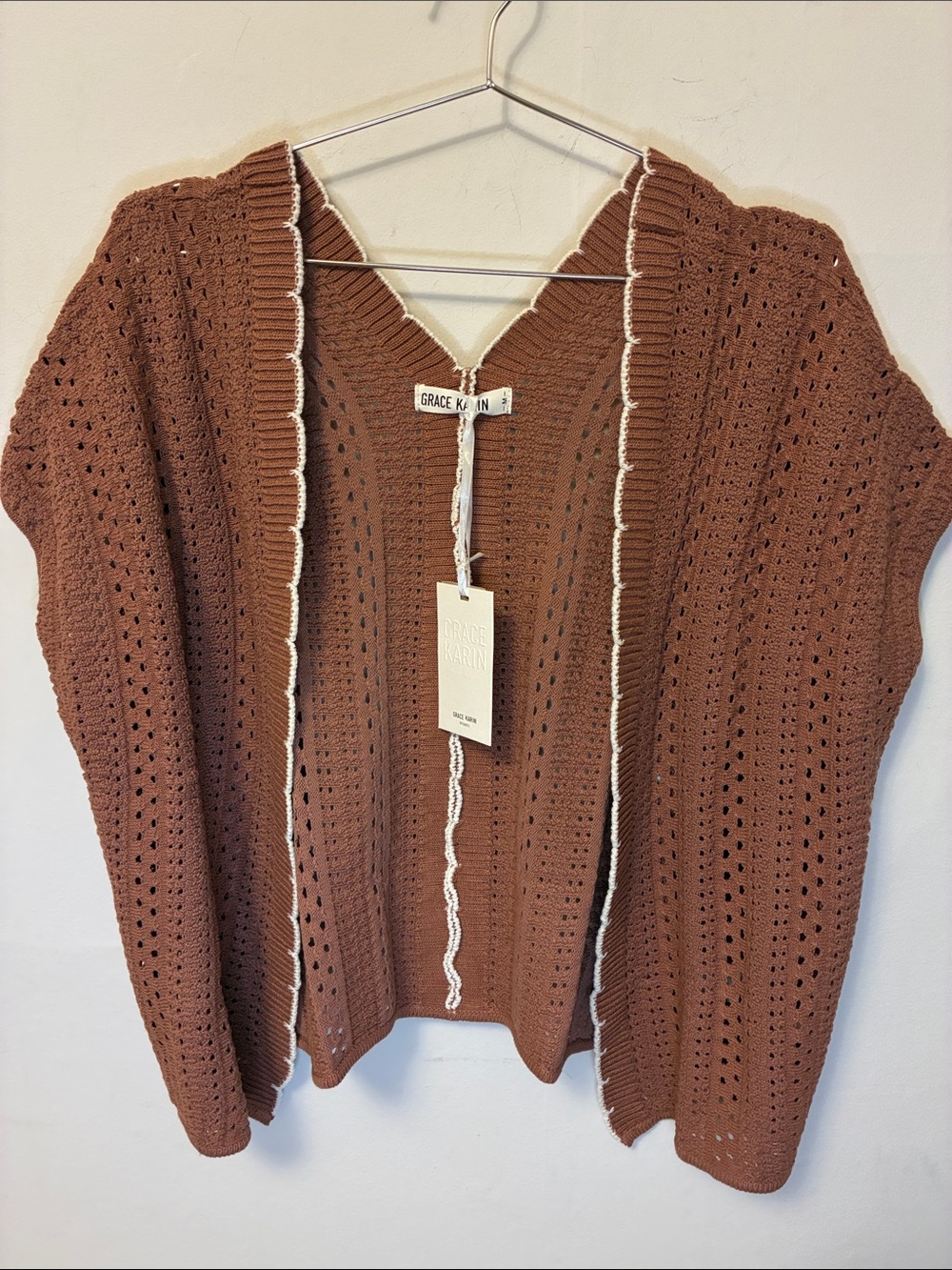 NWT Grace Karin Soft Brown Knit Open-Front Cardigan with Cream Scallop Trim